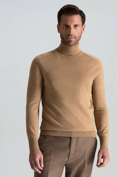 Camel Boğazlı Slim Fit Merino Yün Triko - Hemington