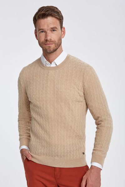 Saç Örgü Desen Camel Lambswool Kazak