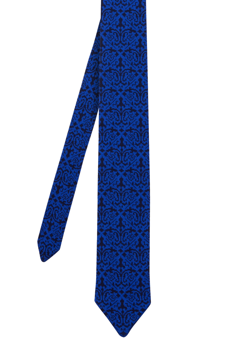 Hemington Çiçek Desenli İndigo Mavi Örgü Kravat. 1