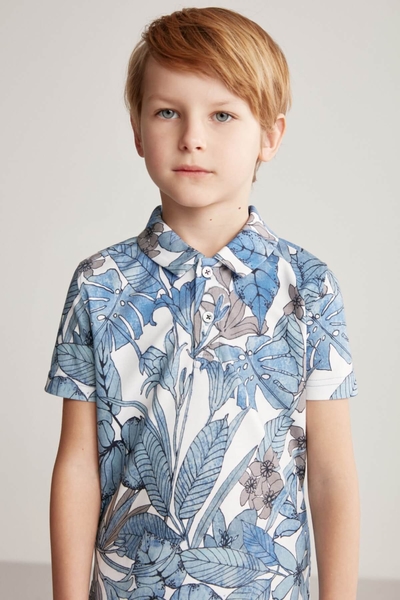 Çiçek Desen Mavi Polo Yaka Çocuk T-Shirt