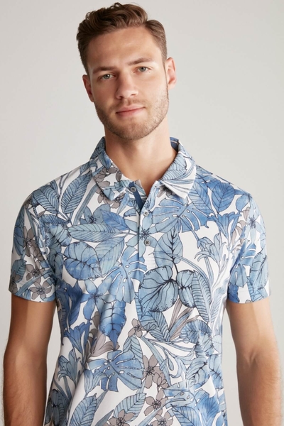 Çiçek Desen Mavi Polo Yaka T-Shirt - Hemington