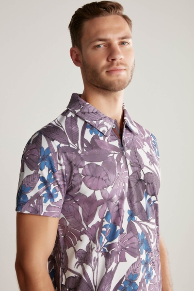 Çiçek Desen Mor Polo Yaka T-Shirt - Hemington