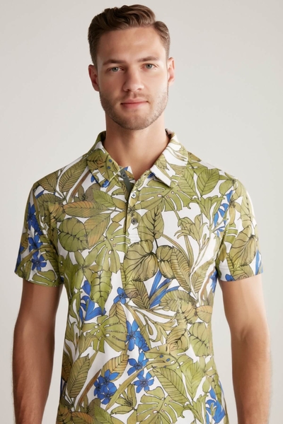 Çiçek Desen Yeşil Polo Yaka T-Shirt - Hemington