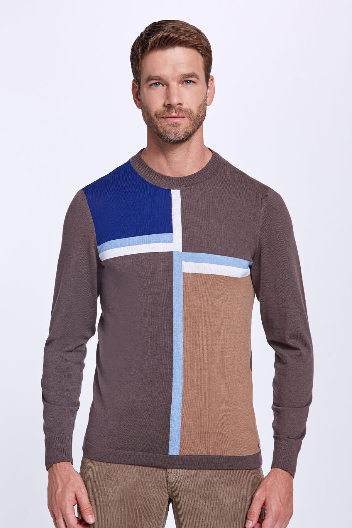 Çizgi Desen Bisiklet Yaka Kahverengi Triko