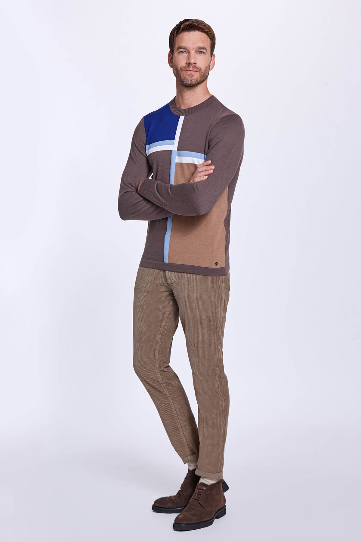 Çizgi Desen Bisiklet Yaka Kahverengi Triko