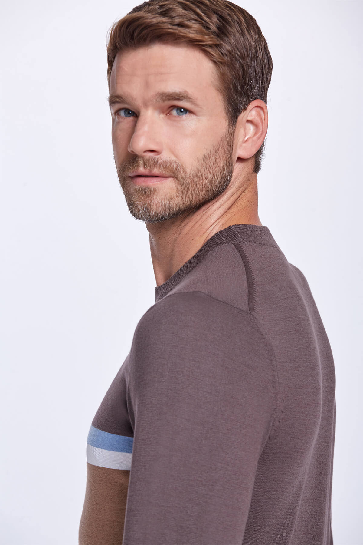 Çizgi Desen Bisiklet Yaka Kahverengi Triko