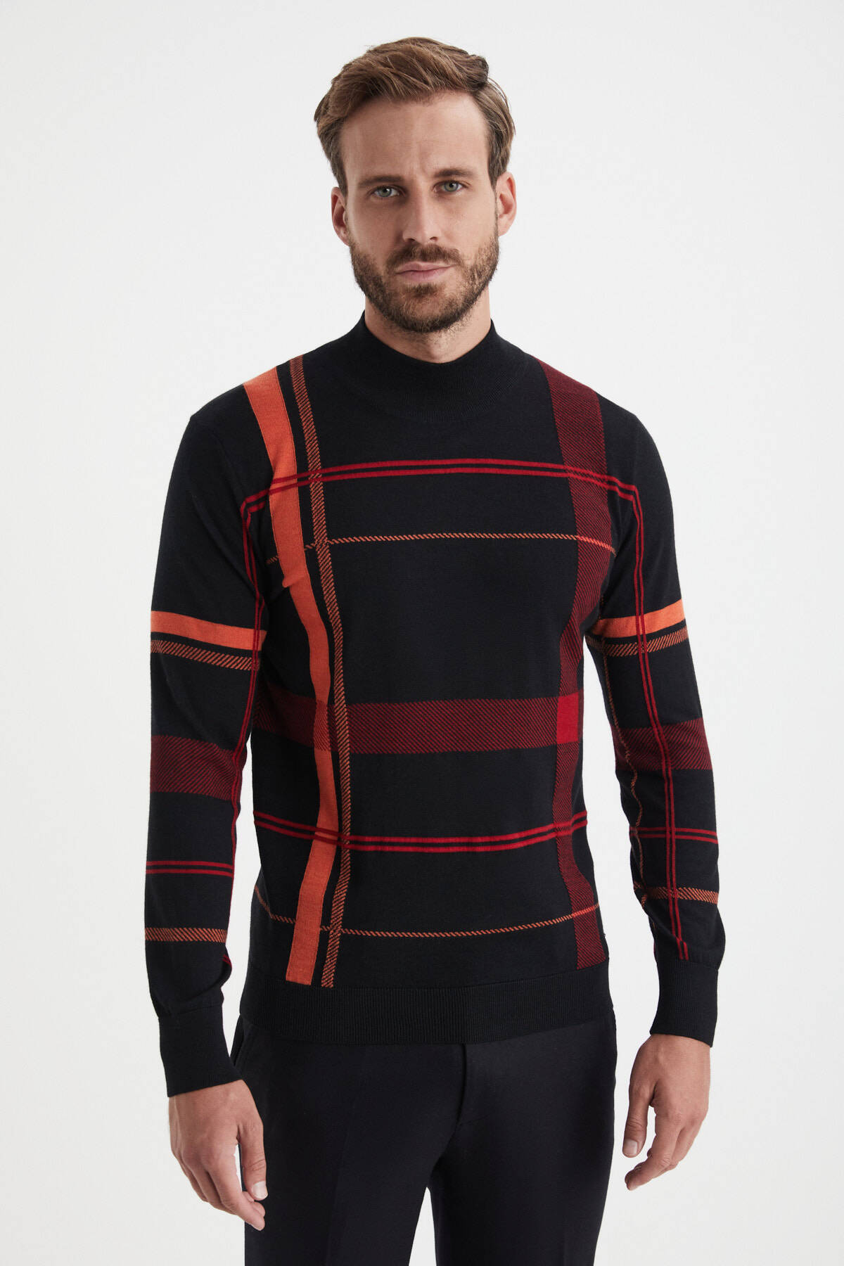 Çizgi Desen Lupetto Yaka Siyah Merino Yün Triko