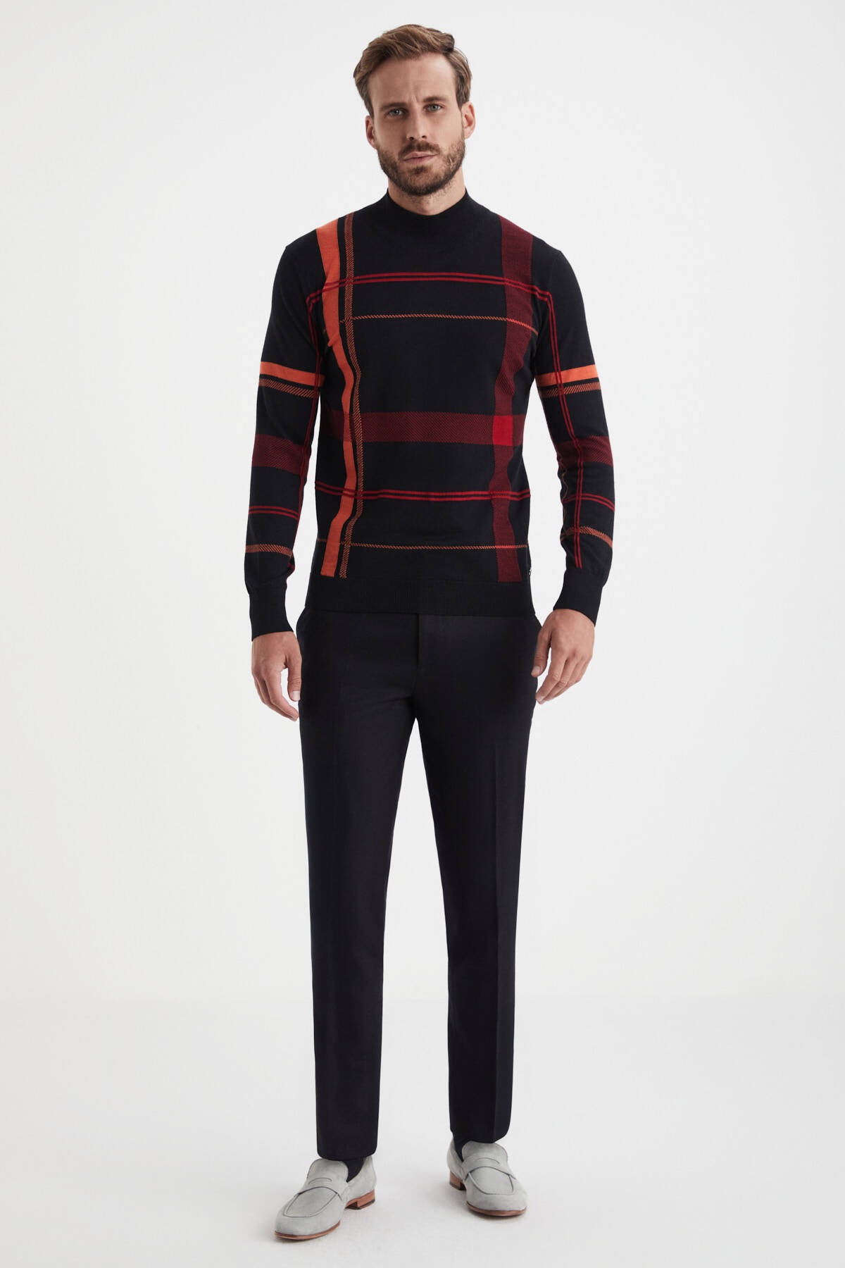 Çizgi Desen Lupetto Yaka Siyah Merino Yün Triko