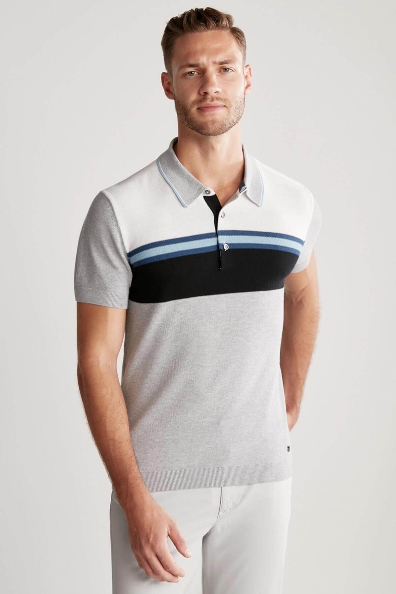 Hemington Çizgi Desenli Açık Gri Triko Polo. 5 Hemington Çizgi Desenli Açık Gri Triko Polo. 5