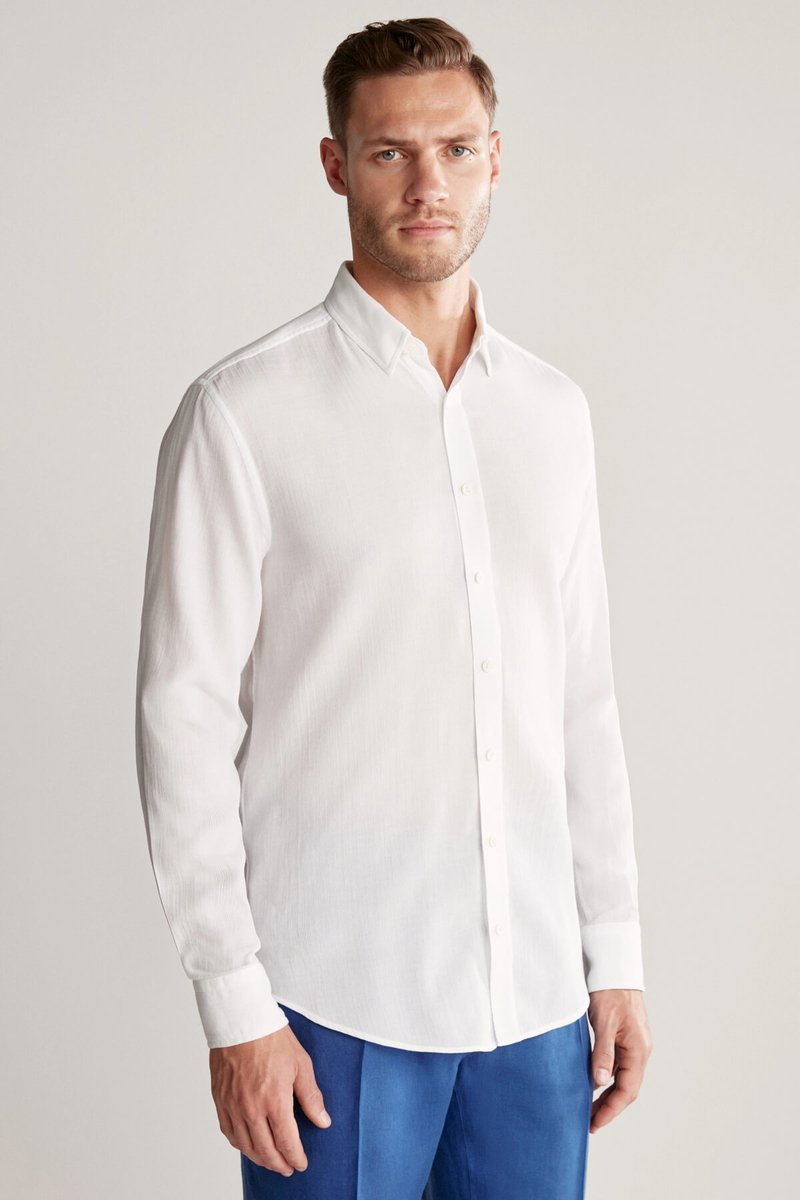 Hemington Çizgi Desenli Beyaz Saf Pamuk Gömlek. 4