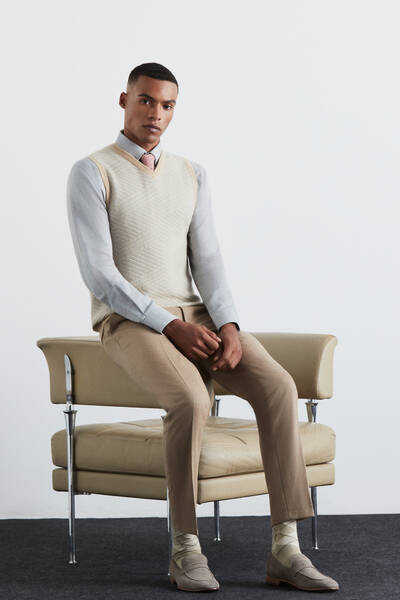 Çizgi Desen Camel Lambswool Yün Triko Süveter