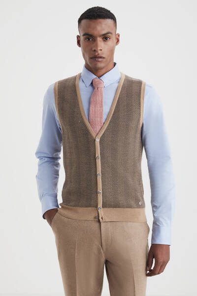 Herringbone Desen Camel Extrafine Merino Triko Yelek - Hemington
