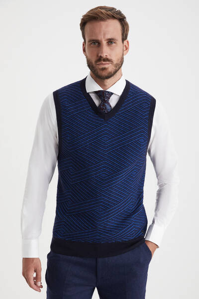 Çizgi Desen Lacivert Lambswool Yün Triko Süveter - Hemington