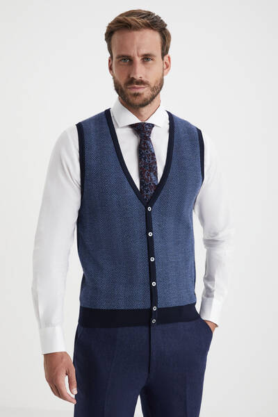 Herringbone Desen Lacivert Extrafine Merino Triko Yelek