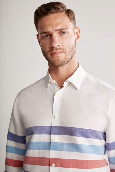 Hemington - Çizgi Desen Saf Keten Mavi Beyaz Gömlek (1)