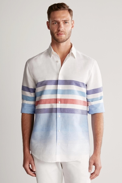 Hemington - Çizgi Desen Saf Keten Mavi Beyaz Gömlek