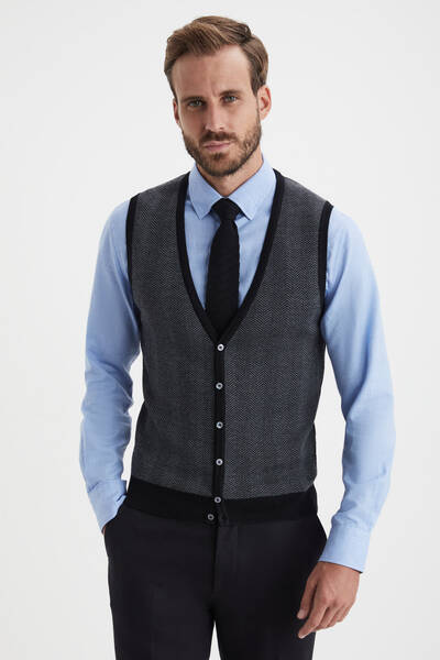 Herringbone Desen Siyah Extrafine Merino Triko Yelek