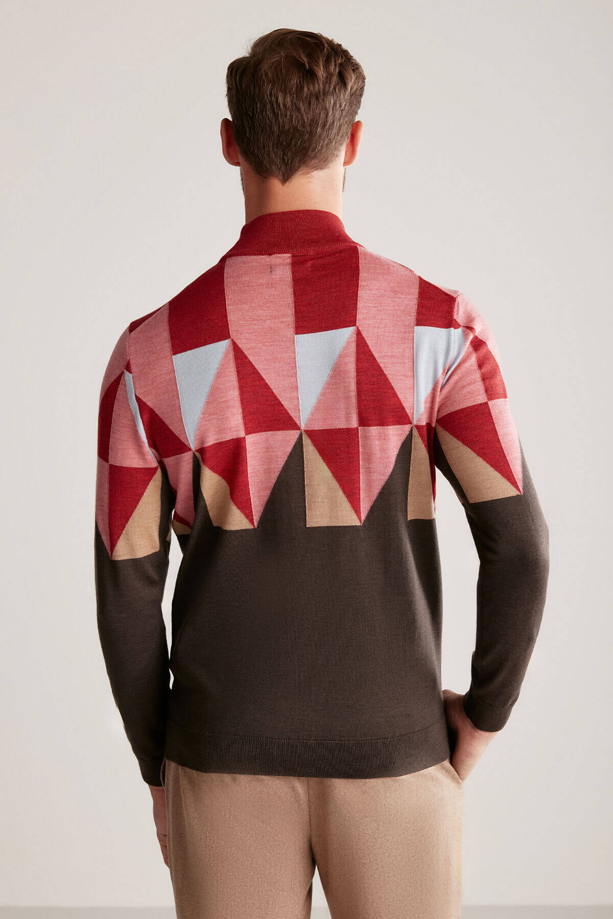 Desenli Kahverengi-Pembe Lupetto Yaka Merino Yün Triko