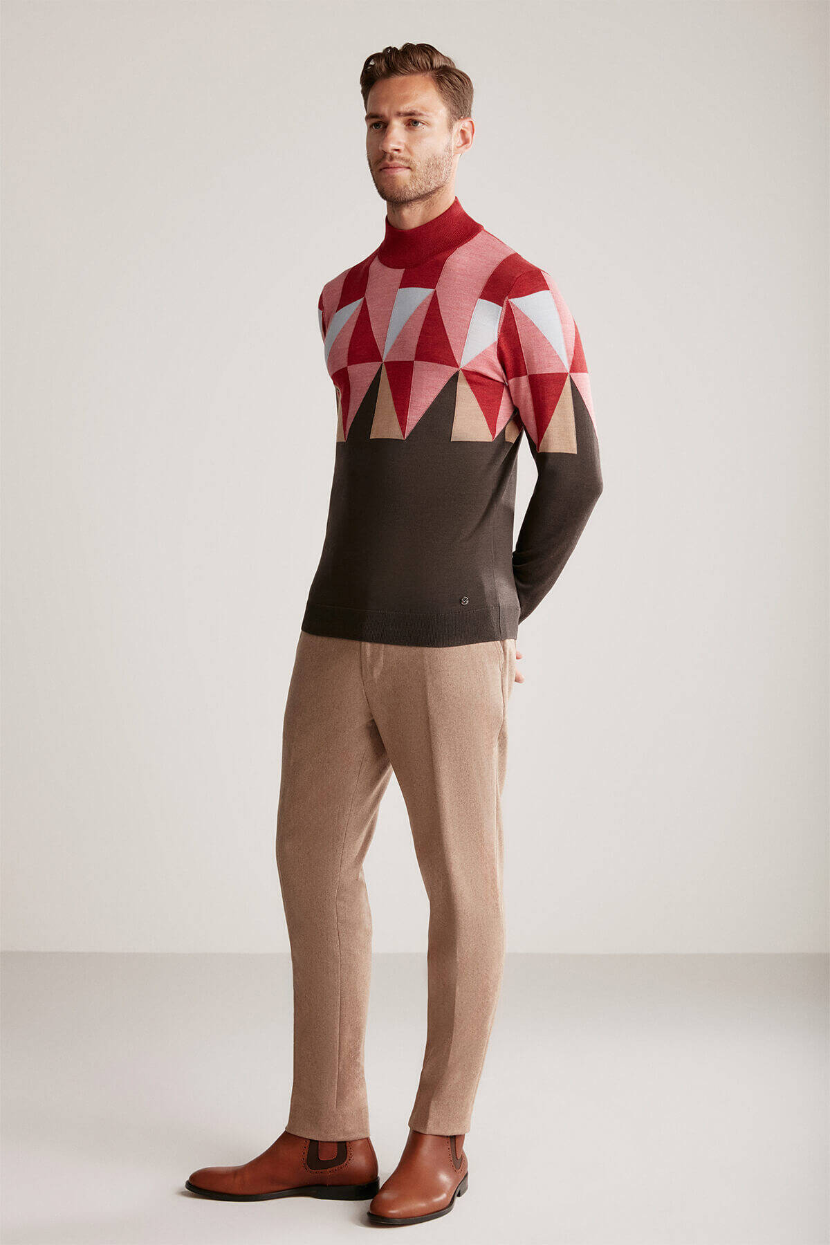 Desenli Kahverengi-Pembe Lupetto Yaka Merino Yün Triko