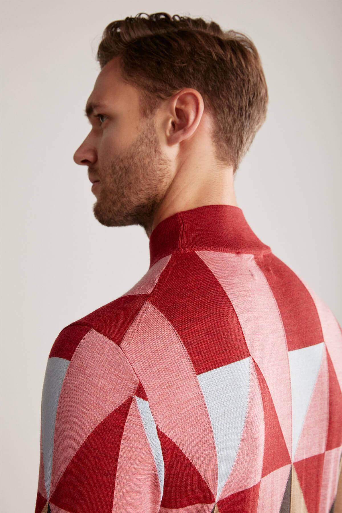 Desenli Kahverengi-Pembe Lupetto Yaka Merino Yün Triko