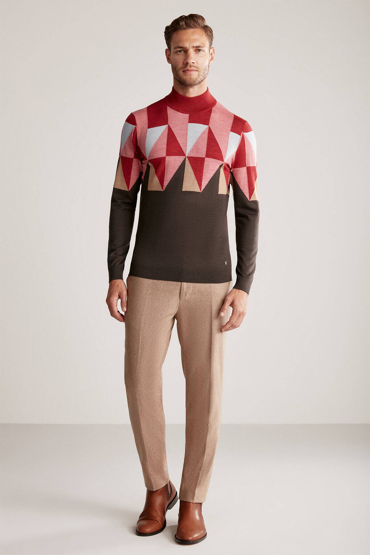 Desenli Kahverengi-Pembe Lupetto Yaka Merino Yün Triko