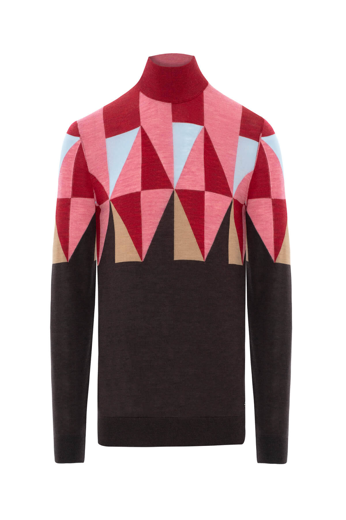 Desenli Kahverengi-Pembe Lupetto Yaka Merino Yün Triko