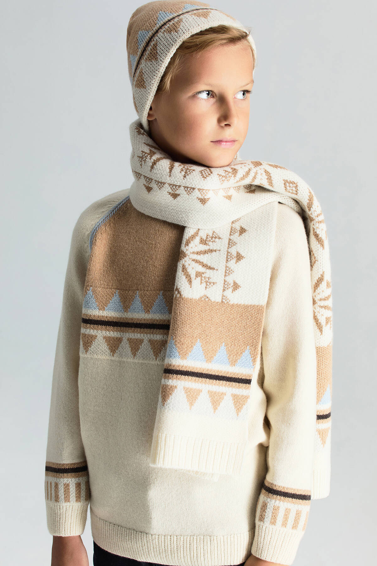 Desenli Kaşmir Karışım Ekru Çocuk Atkı