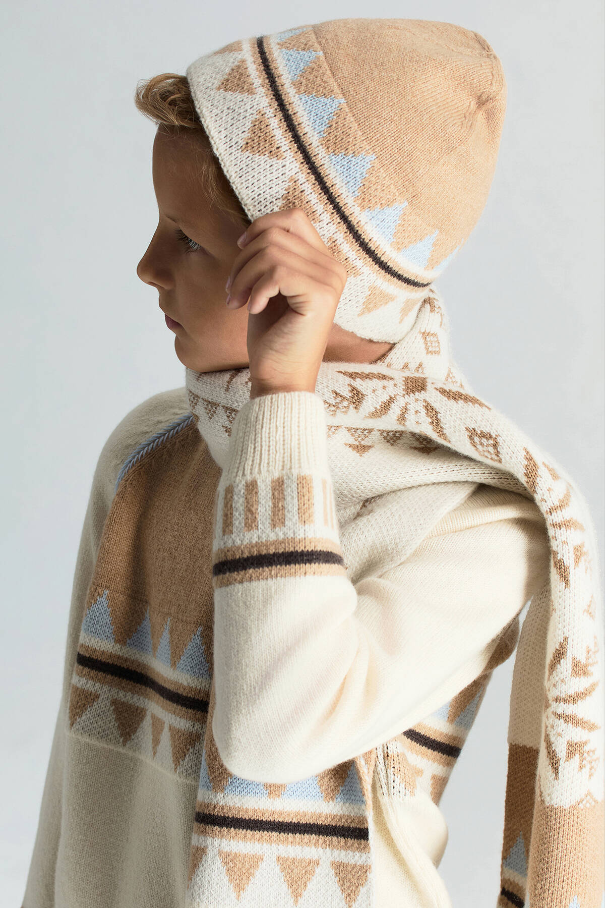 Desenli Kaşmir Karışım Ekru Çocuk Bere