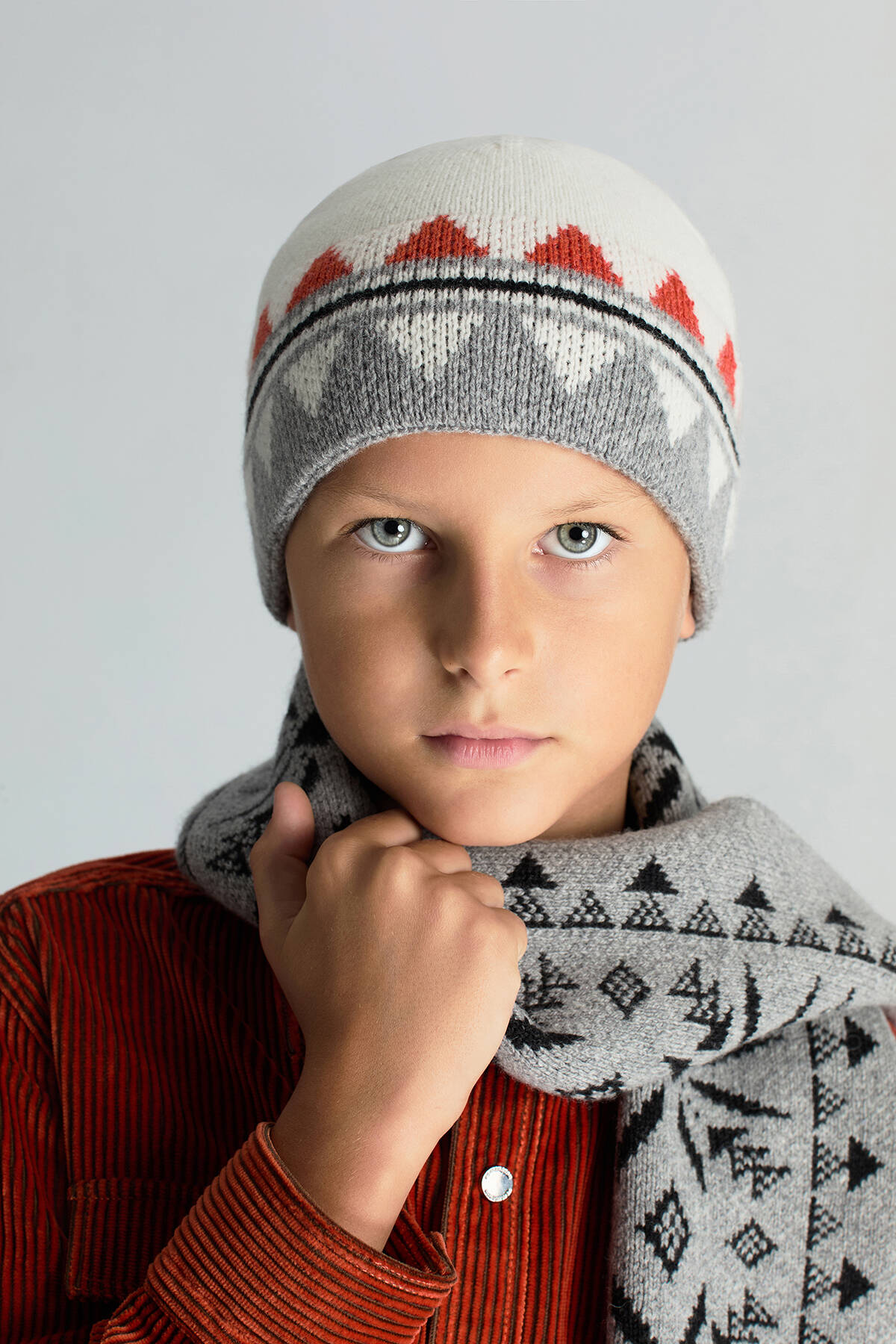 Desenli Kaşmir Karışım Gri Çocuk Atkı