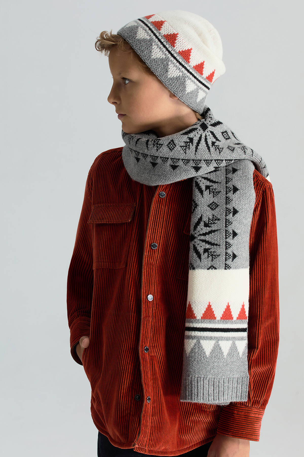 Desenli Kaşmir Karışım Gri Çocuk Bere