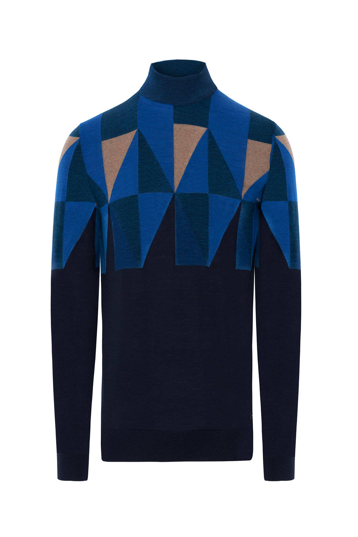 Desenli Lacivert-Camel Lupetto Yaka Merino Yün Triko