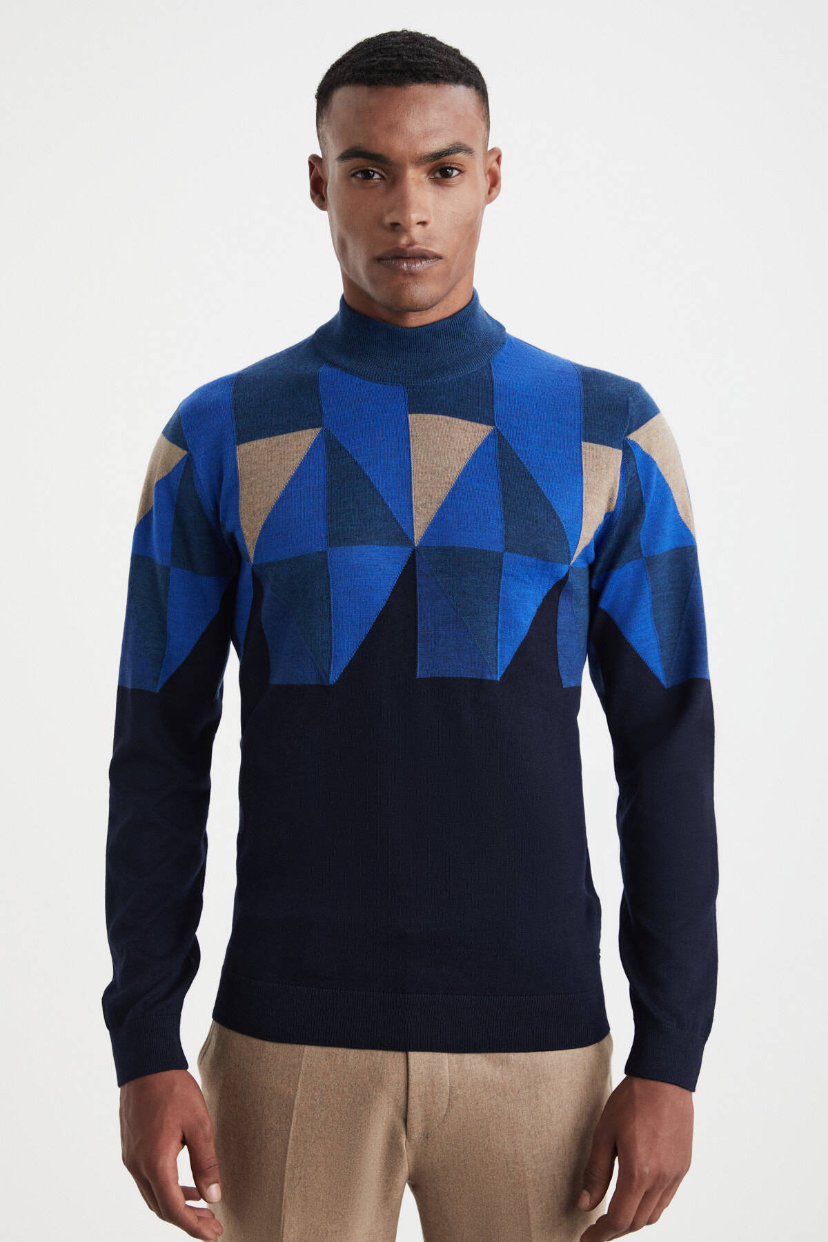 Desenli Lacivert-Camel Lupetto Yaka Merino Yün Triko