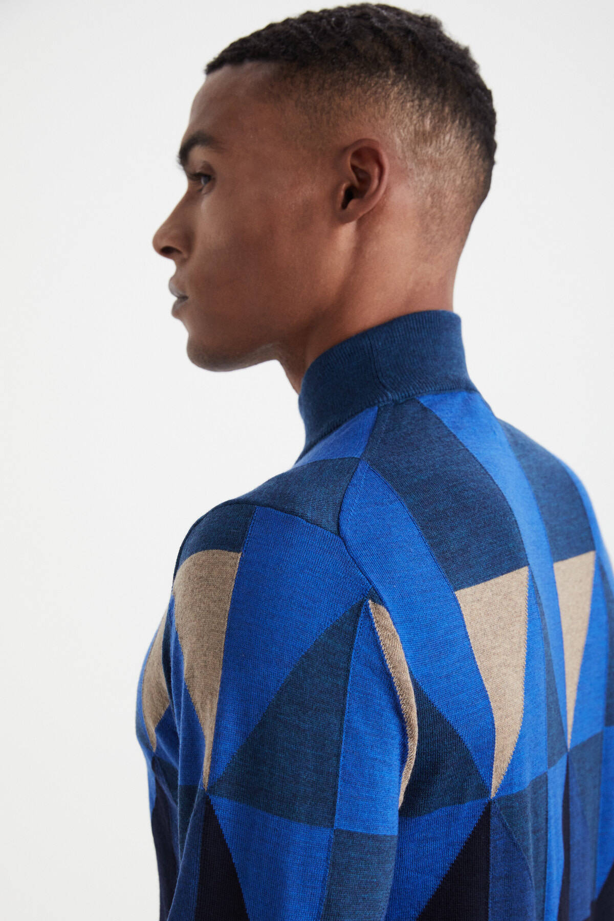 Desenli Lacivert-Camel Lupetto Yaka Merino Yün Triko