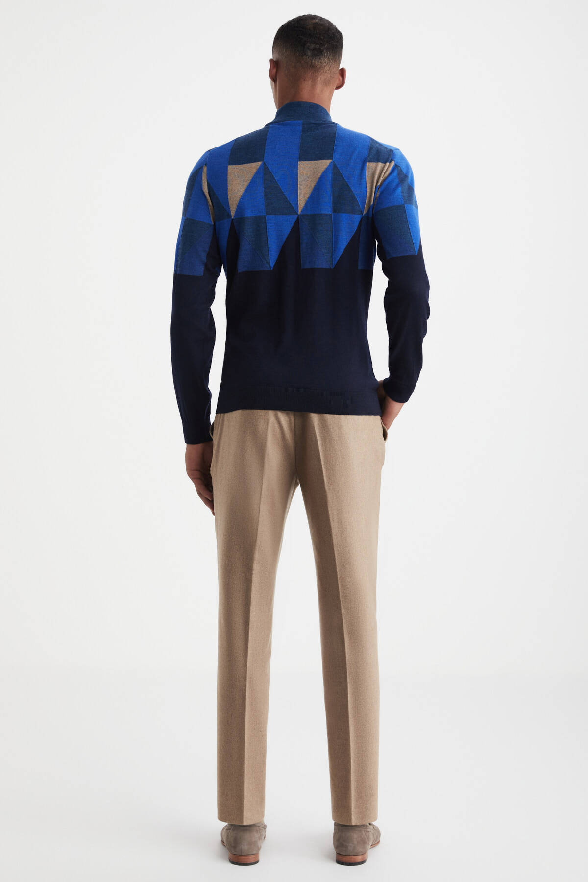 Desenli Lacivert-Camel Lupetto Yaka Merino Yün Triko