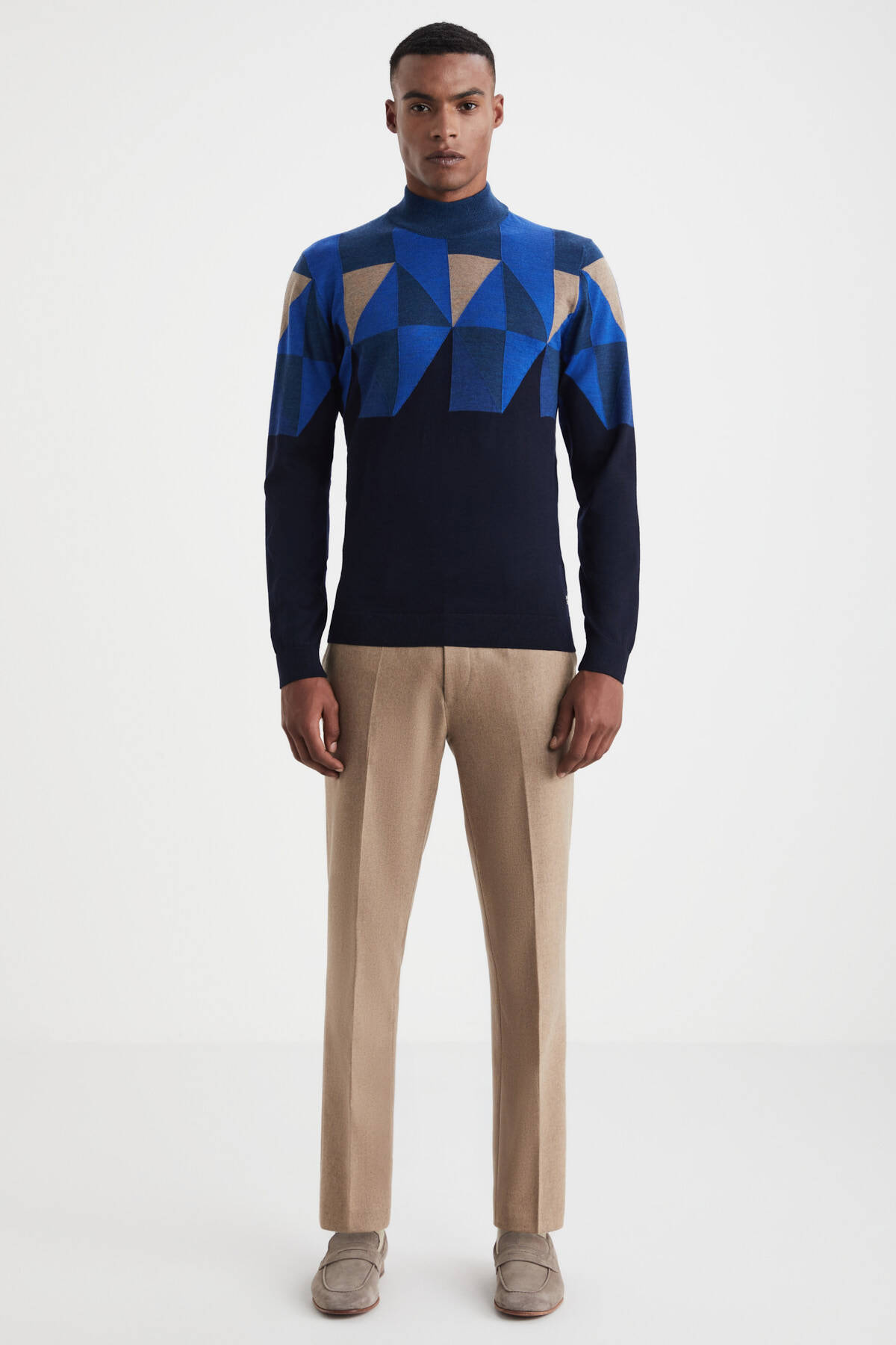 Desenli Lacivert-Camel Lupetto Yaka Merino Yün Triko