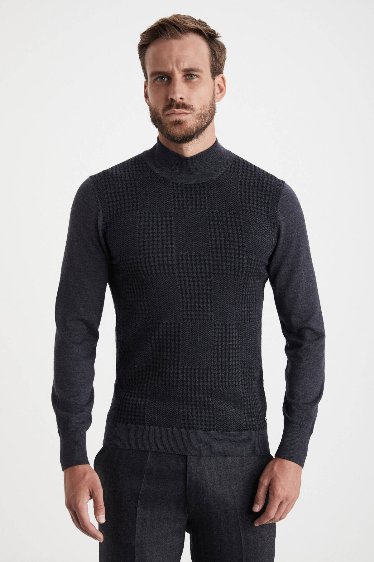 Desenli Lupetto Yaka Merino Yün Antrasit Triko