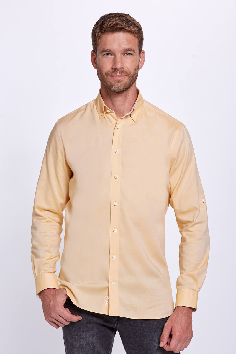Hemington Düğmeli Yaka Sarı Saf Pamuk Gömlek. 1