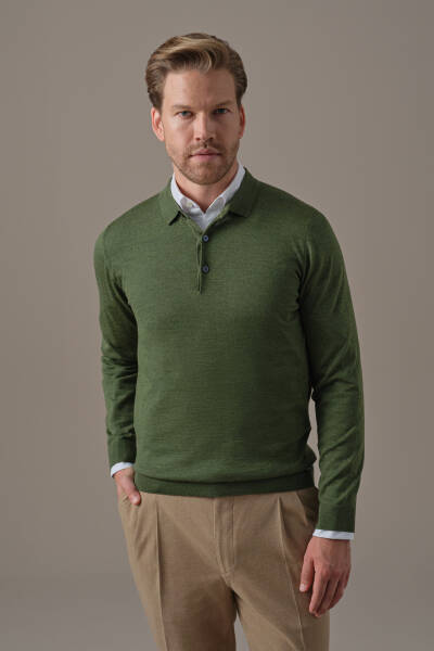 Extrafine Merino Açık Yeşil 3 Düğme Polo Triko
