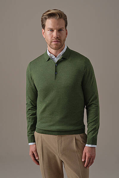 Extrafine Merino Açık Yeşil 3 Düğme Polo Triko - Hemington