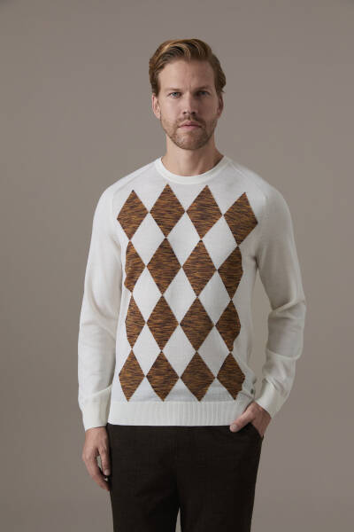 Extrafine Merino Argyle Desen Ekru Triko - Hemington