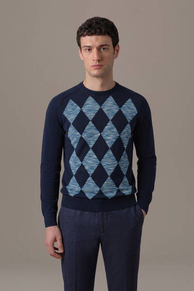 Extrafine Merino Argyle Desen Lacivert Triko - Hemington