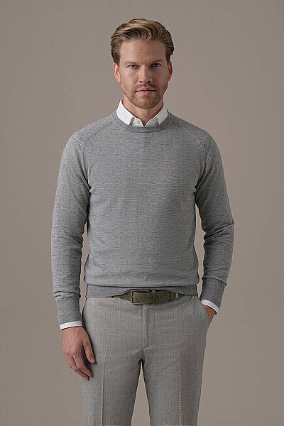 Extrafine Merino Bisiklet Yaka Açık Gri Triko - Hemington