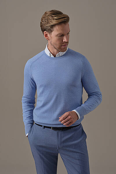Extrafine Merino Bisiklet Yaka Açık Mavi Triko - Hemington