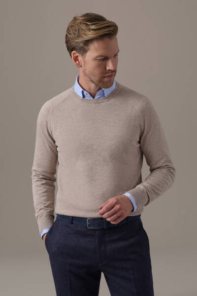 Extrafine Merino Bisiklet Yaka Bej Triko - Hemington