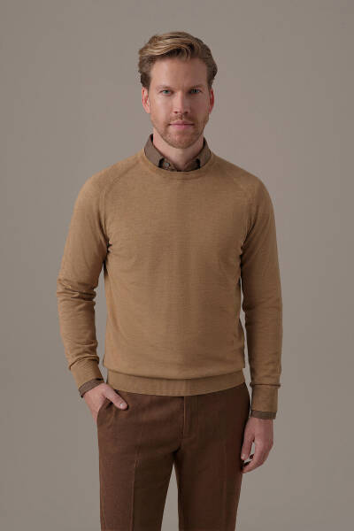 Extrafine Merino Bisiklet Yaka Camel Triko - Hemington