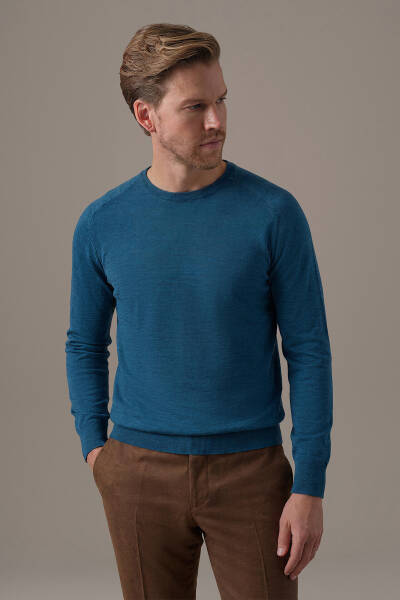 Extrafine Merino Bisiklet Yaka Petrol Mavisi Triko - Hemington