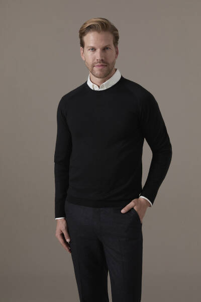 Extrafine Merino Bisiklet Yaka Siyah Triko - Hemington