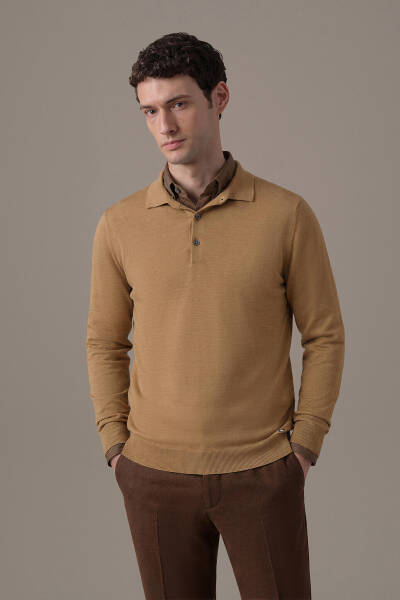 Extrafine Merino Camel 3 Düğme Polo Triko - Hemington