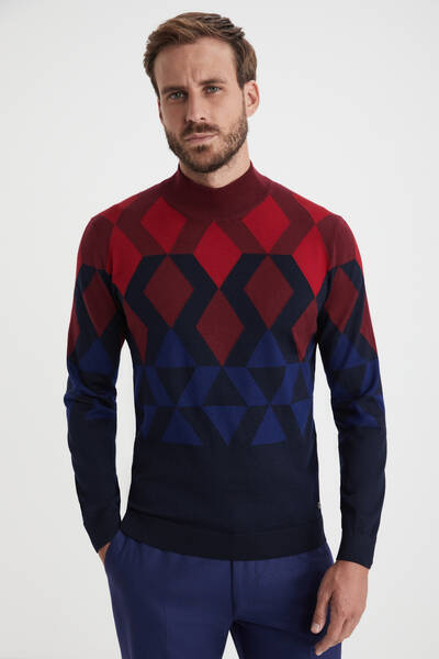 Extrafine Merino Desen Lupetto Yaka Lacivert Triko