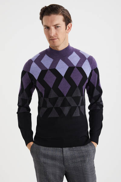 Extrafine Merino Desen Lupetto Yaka Siyah Triko